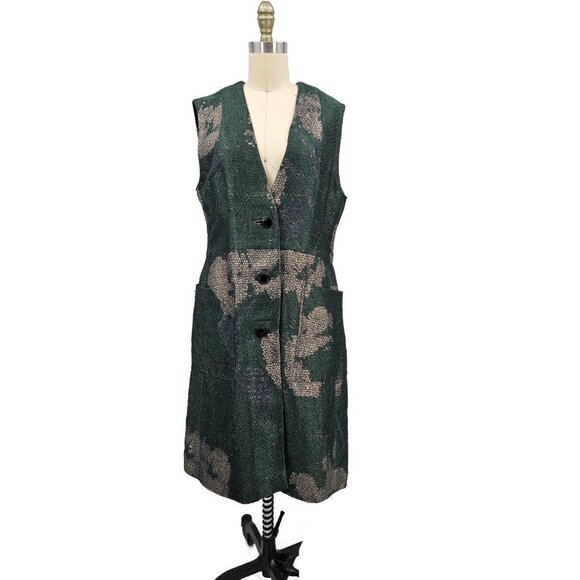 Dries Van Noten Sleeveless Dress Womens 42 Green Gold Metallic Linen Blend - Picture 1 of 9